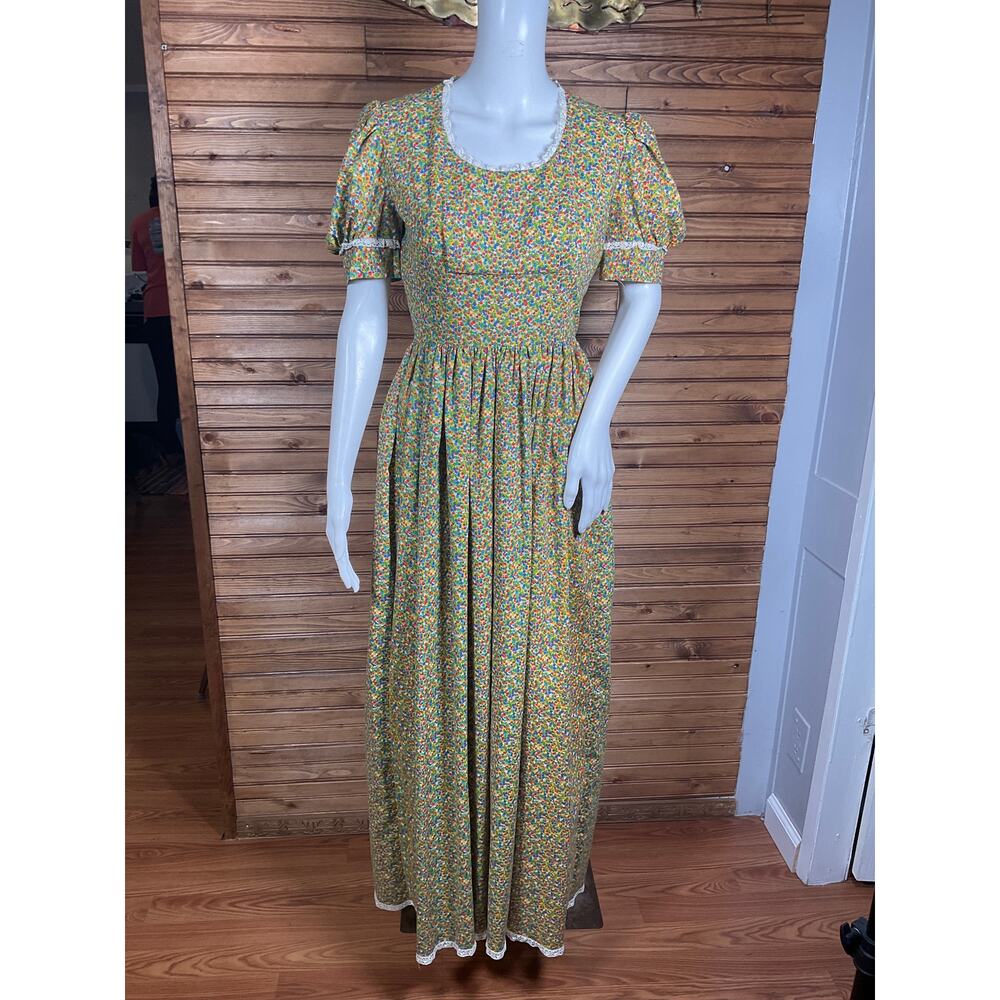 Coquette Cottage Prairie Dress Lace Embelishments Empire Puffy Sleeve Maxi XS/S